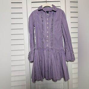 Ralph Lauren Kids Purple & White Striped Button Down Ruffle Dress Size 7